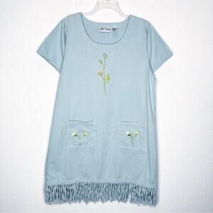 Vintage Get Lucky Fringe Floral Pockets Chambray Denim Jean Boho Dress Festival